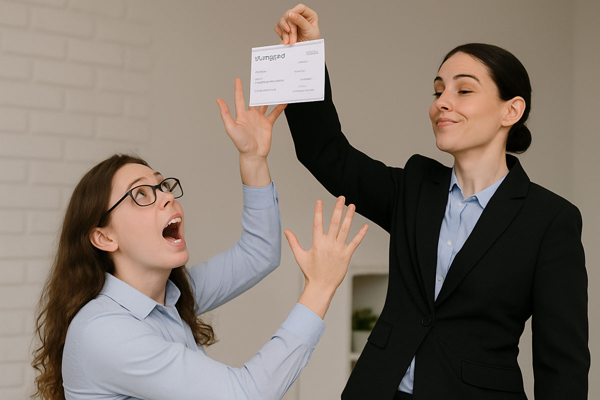 Employer dangling paycheck over employees head.