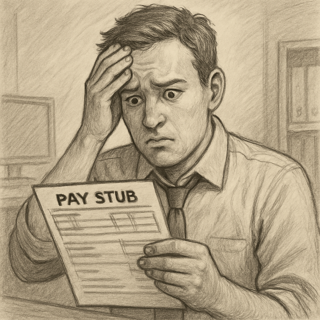 A concerned employee reviewing their pay stub