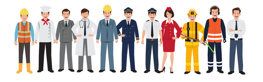 Employees in different industries, construction, chef, blue collar, white collar workers
