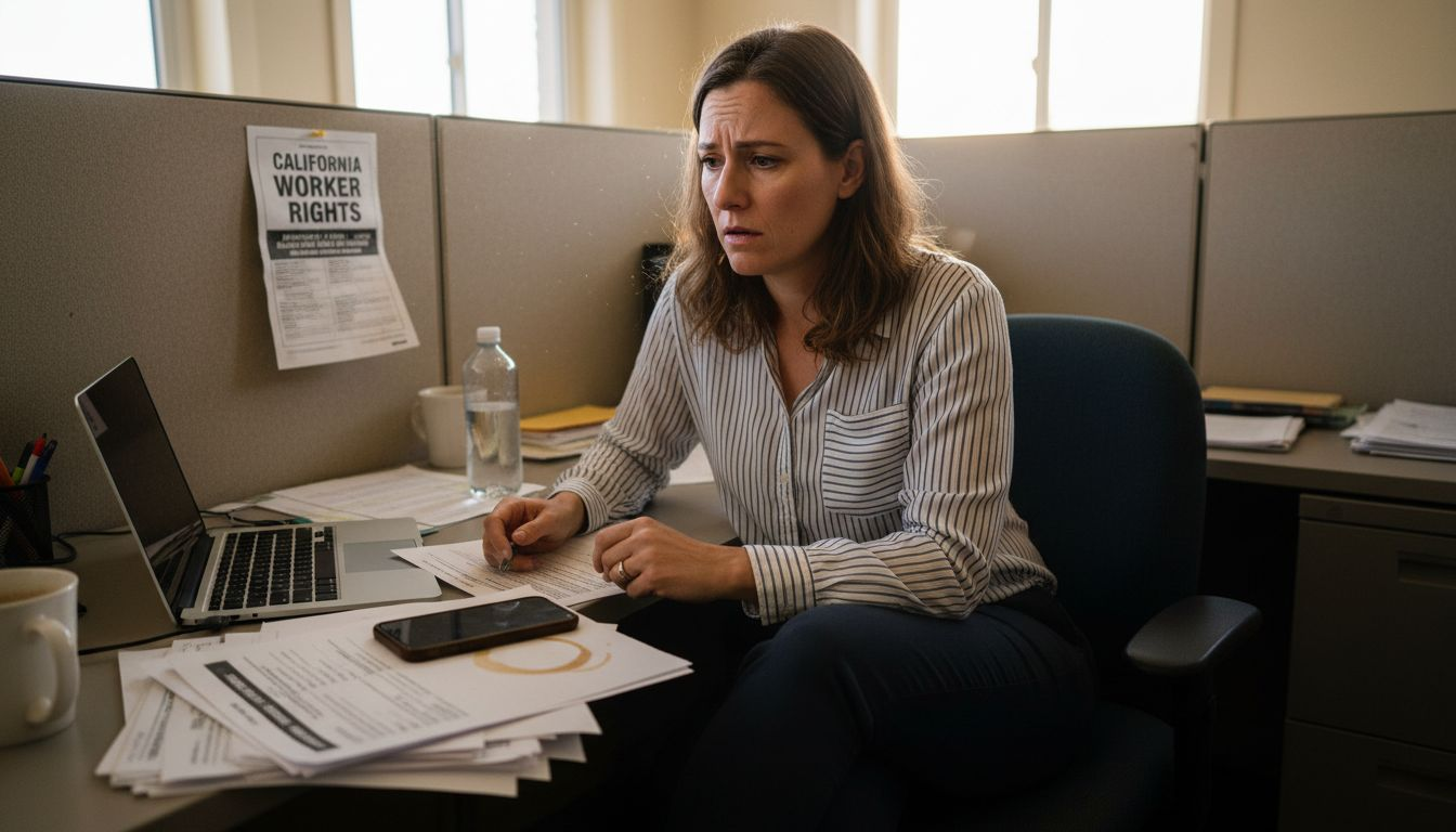 Concerned woman with medical forms at desk