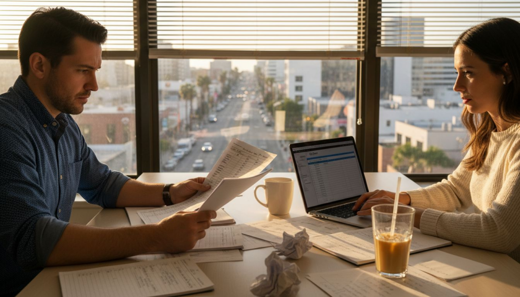 Two office workers reviewing paperwork at meeting table