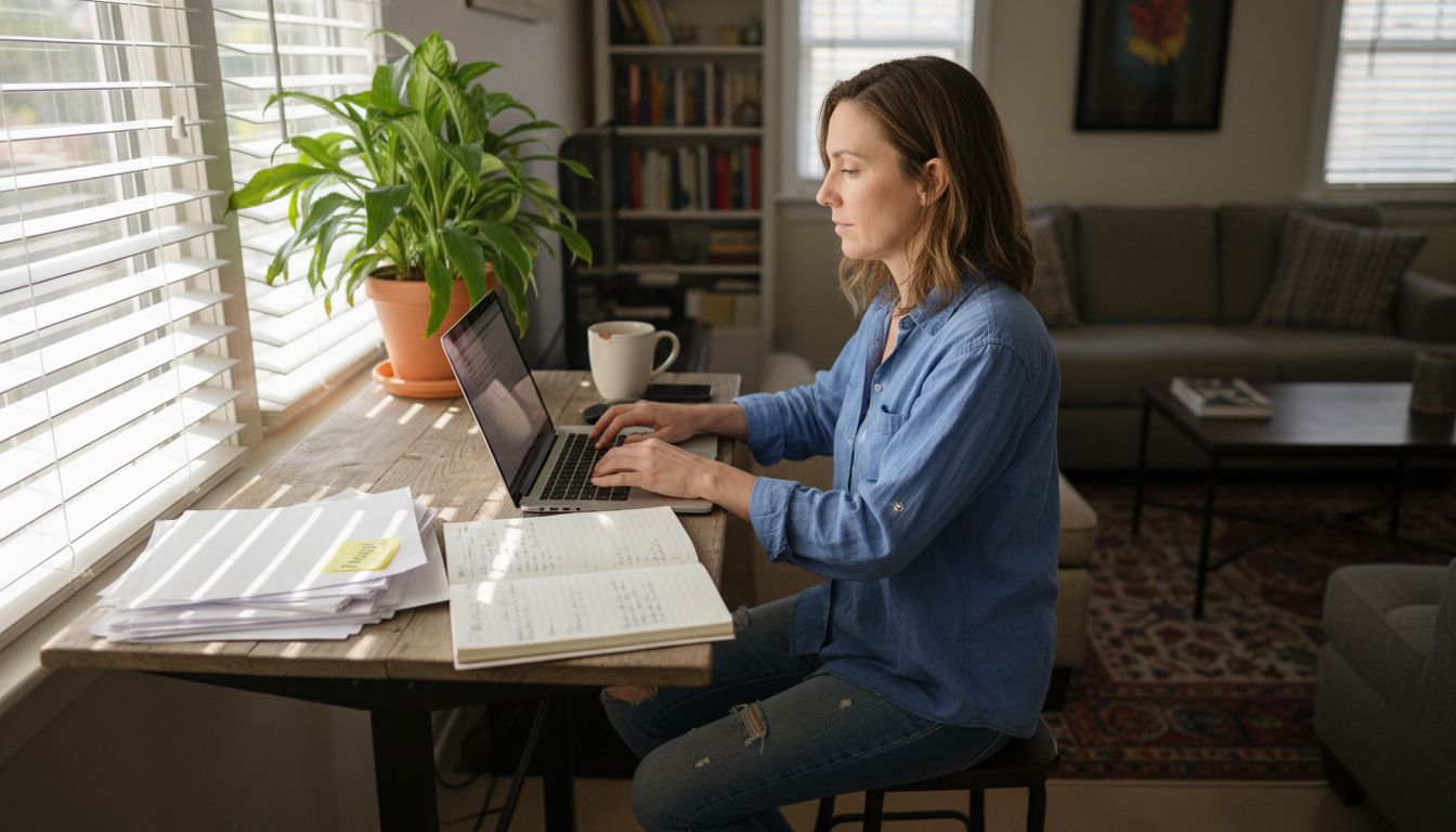 California remote worker at laptop in living room