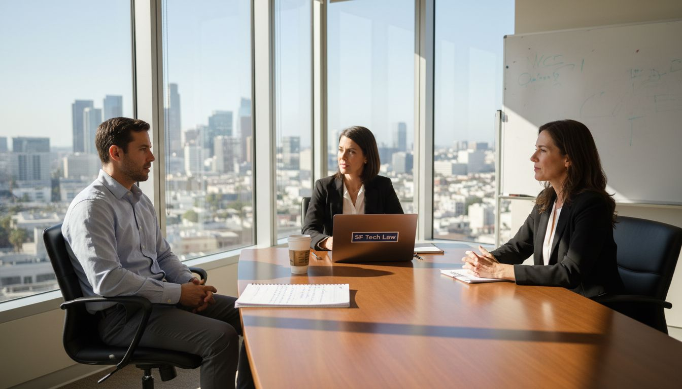 Job interview scene in corner office