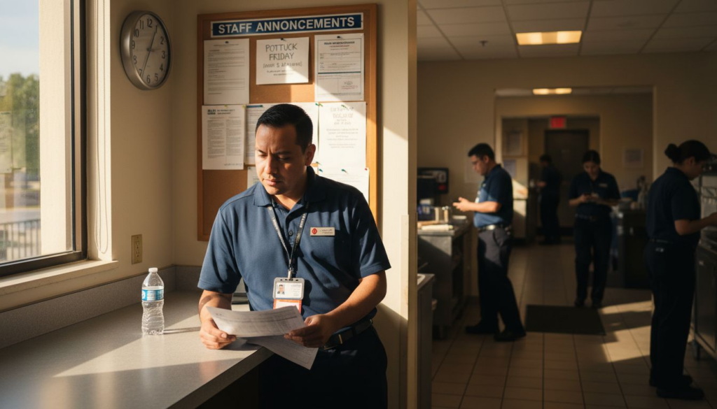 Hotel worker checking break schedule in busy break room
