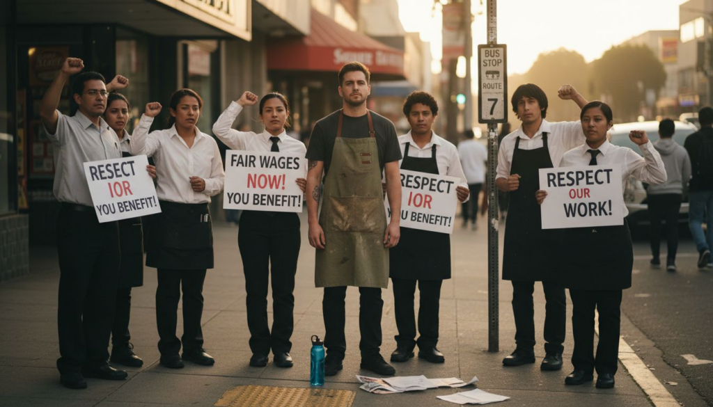 California service workers protesting on city sidewalk