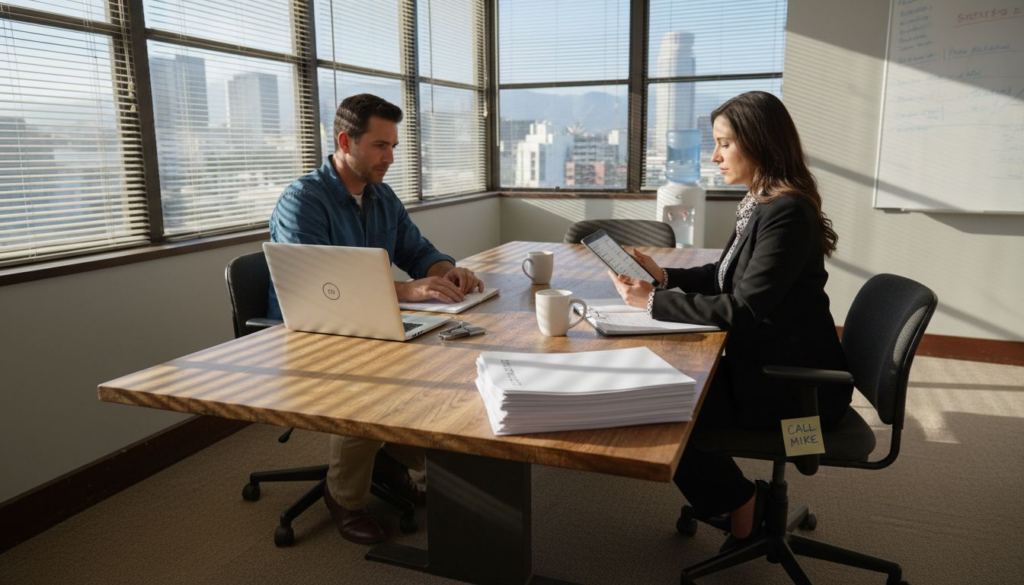 Two workers in California office comparing paperwork