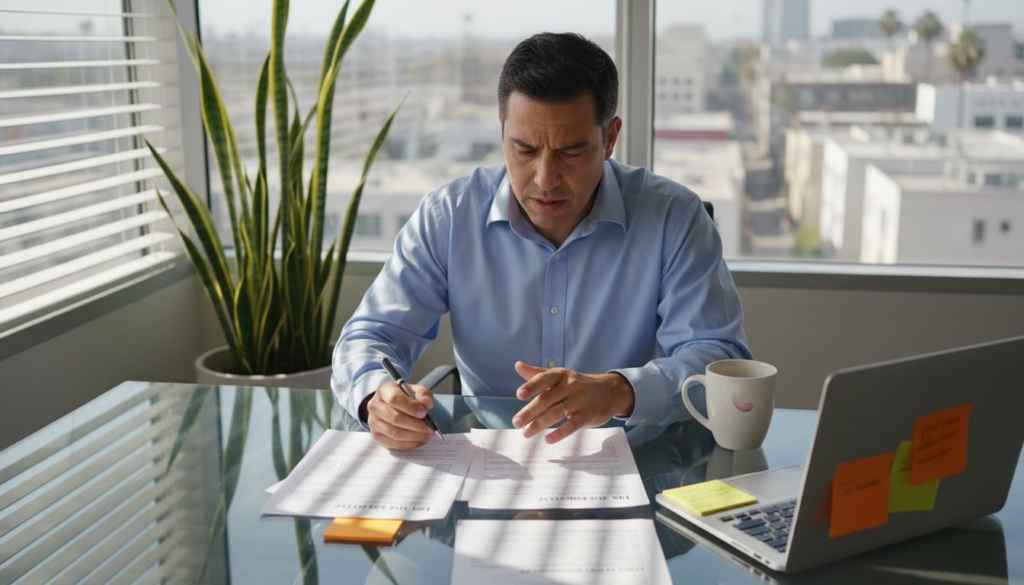 Man compares W-2 and 1099 documents in office