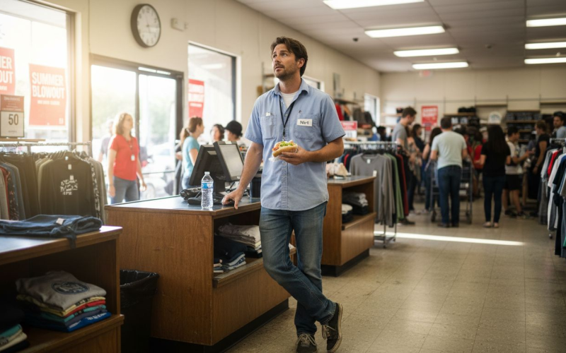 Retail worker checking clock for break